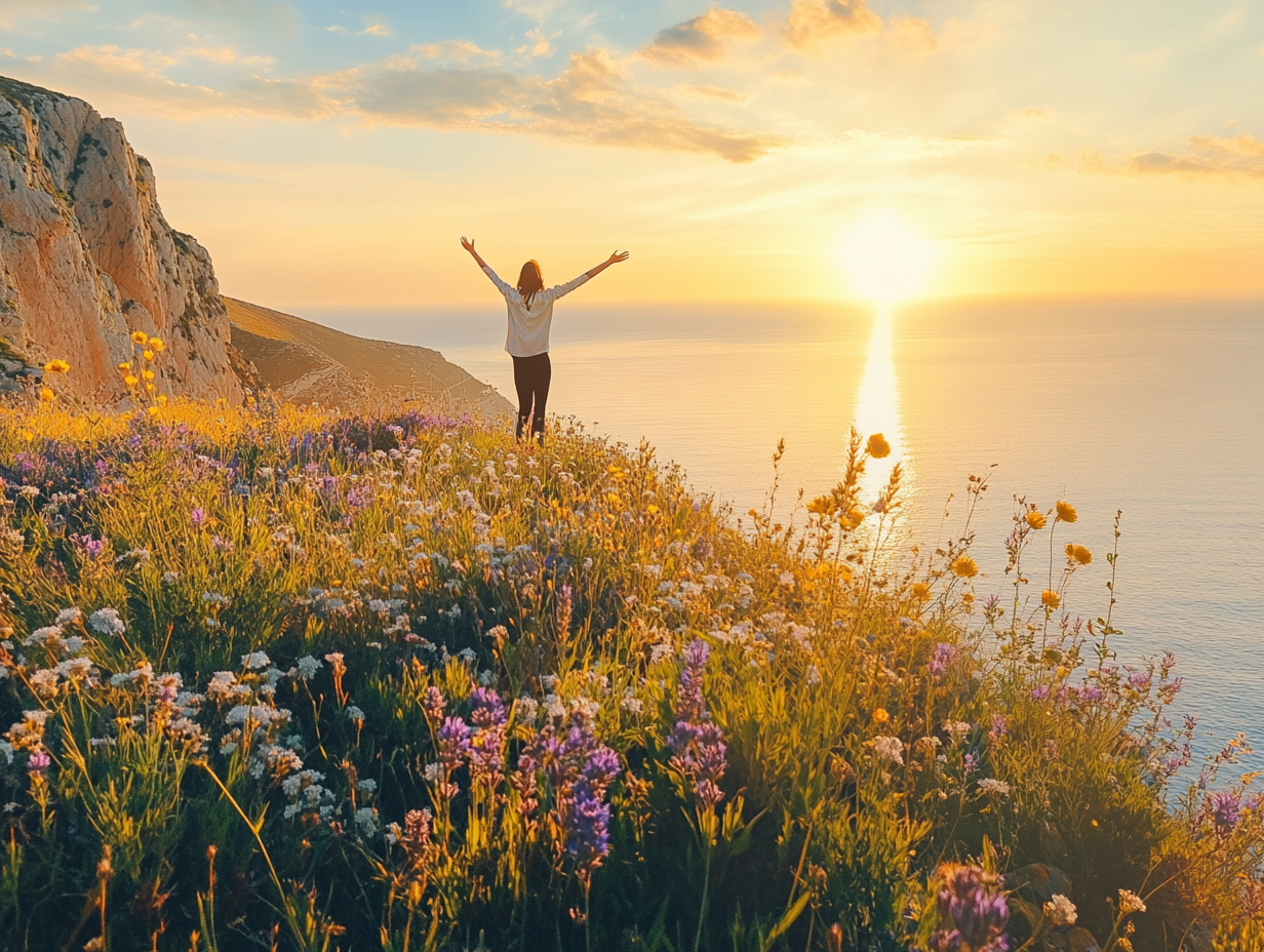 Eudaimonia - A person experiencing pure joy and flourishing in nature at golden hour