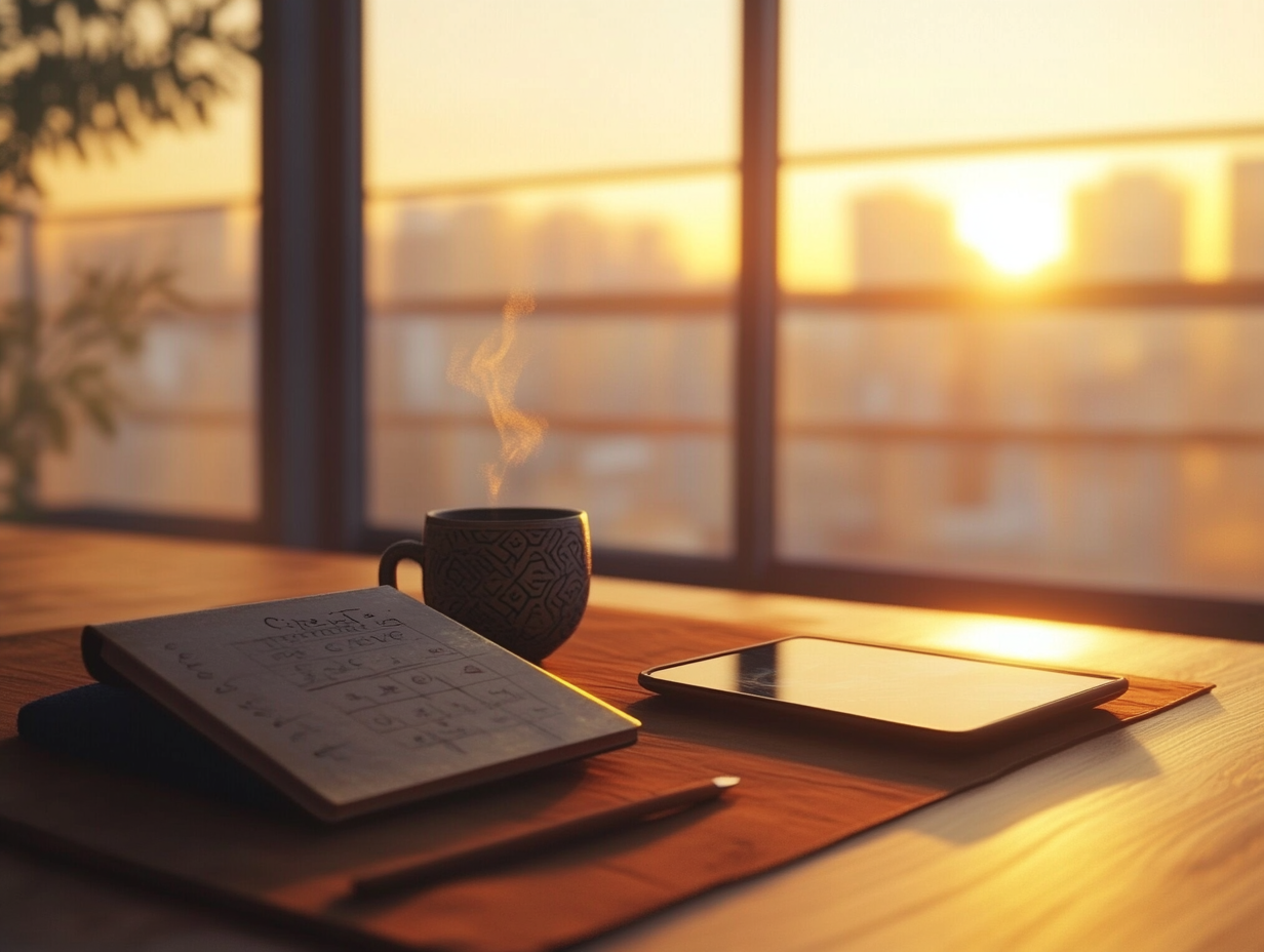 Daily Practice - A mindful morning workspace setup for intention setting and reflection