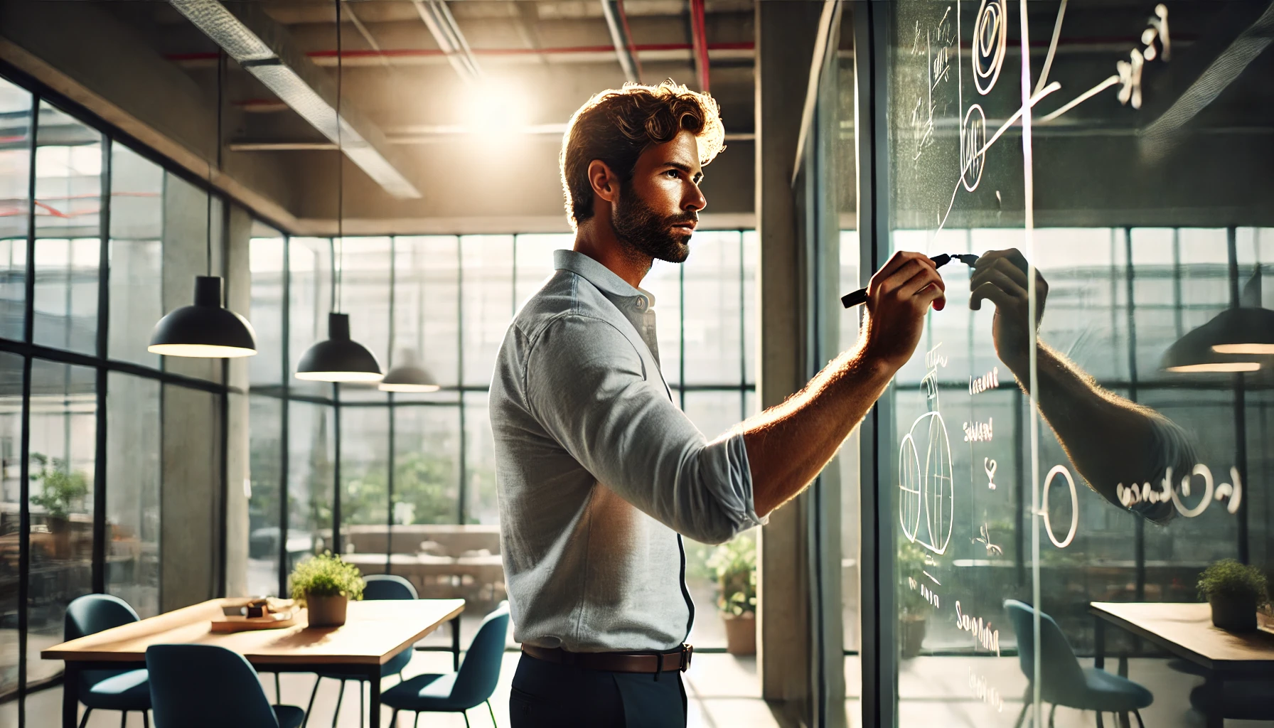 A professional mentor writing on a glass board in a modern office setting, demonstrating strategic thinking and leadership